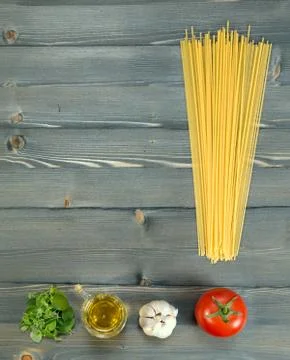 Basic ingredients for cooking spaghetti Stock Photos