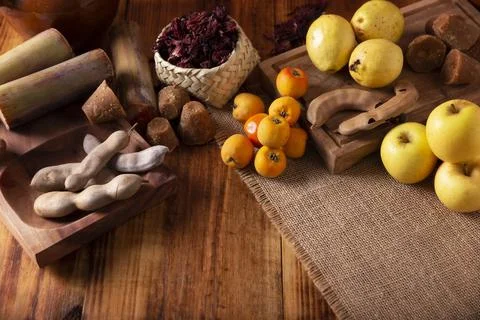 Basic ingredients to prepare Mexican fruit punch, a hot drink traditionally c Stock Photos