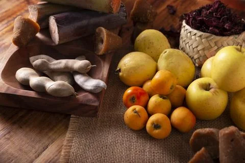 Basic ingredients to prepare Mexican fruit punch, a hot drink traditionally c Stock Photos