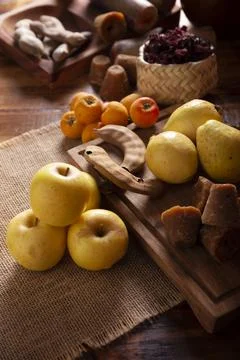 Basic ingredients to prepare Mexican fruit punch, a hot drink traditionally c Stock Photos