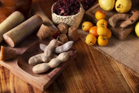 Basic ingredients to prepare Mexican fruit punch, a hot drink traditionally c Stock Photos