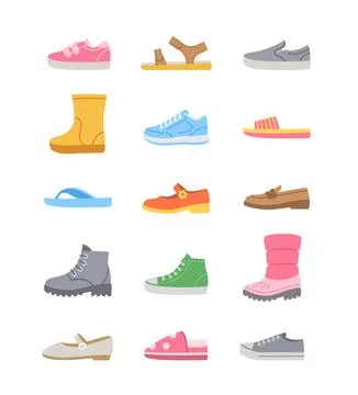 Basic kids shoes simple color flat footwear icons Stock Illustration