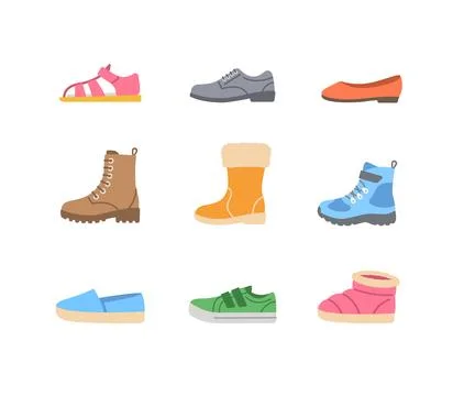 Basic kids shoes simple color flat footwear icons Stock Illustration