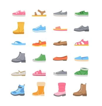 Basic kids shoes simple color flat footwear icons Stock Illustration