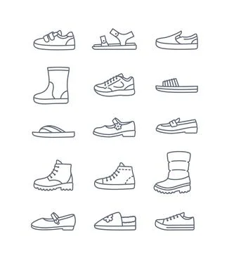 Basic kids shoes simple flat line footwear icons Stock Illustration