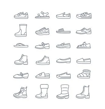 Basic kids shoes simple flat line footwear icons Stock Illustration