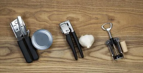 Basic kitchen tools on aged wood Stock-Fotos