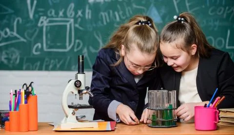 Basic knowledge of chemistry. Pupils cute girls use test tubes with liquids 写真素材