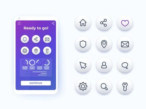 Basic line icons set for mobile app, phone mockup Stockillustratie