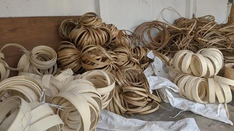 The basic material for woven bamboo is lying in a woven factory warehouse Stock Photos