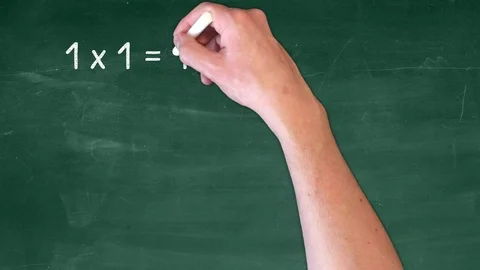 Basic math - hand with chalk writes multiplication on chalkboard 動画素材 118575666