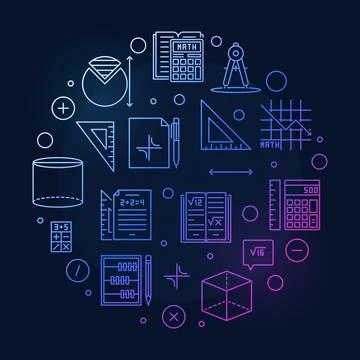 Basic Math vector line round colored banner. Mathematics concept illustration Stock Illustration