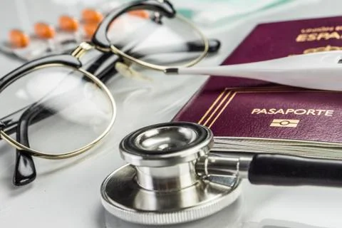 Basic medicine elements to travel abroad, conceptual image Stock Photos