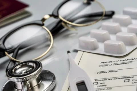 Basic medicine elements to travel abroad, conceptual image Stock Photos