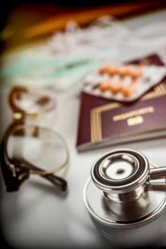 Basic medicine elements to travel abroad, conceptual image 스톡 사진