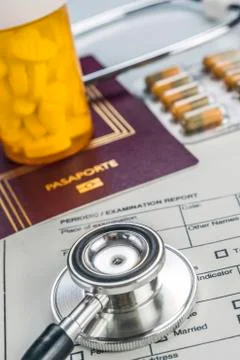 Basic medicine elements to travel abroad, conceptual image Stock Photos