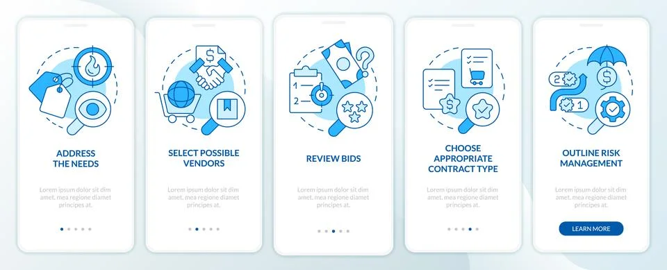 Basic procurement steps blue onboarding mobile app screen 库存插图