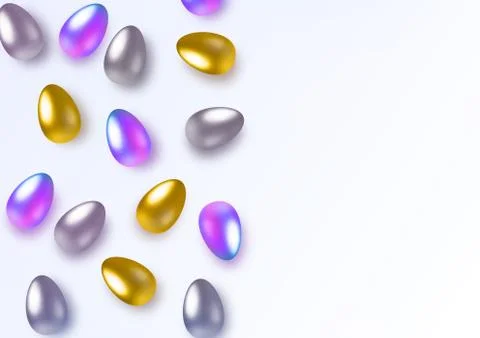 Basic RGBHappy easter with easter holographic, gold and silver eggs. Horizontal Stock Illustration