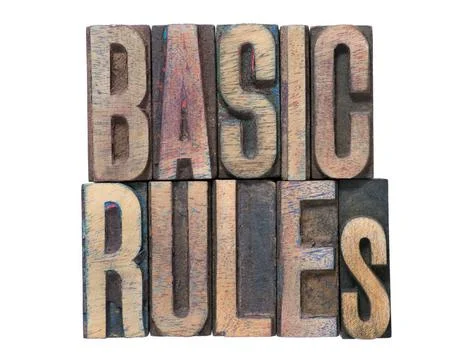 Basic rules isolated basic rules phrase made from mixed wooden letterpress... Stock Photos