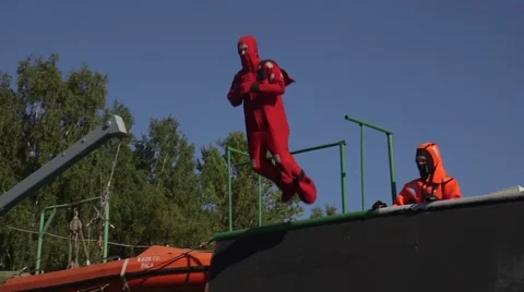 Basic safety training with Survival suits Stock Footage 54651230