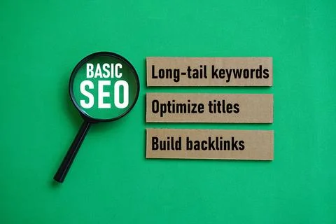 BASIC SEO LONG-TAIL KEYWORD, OPTIMIZE TITLES, BUILD BACKLINS. Web development Stock Photos