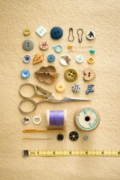 Basic Sewing Tools, Buttons, and Tape Measure Stock Photos