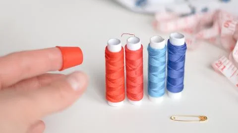 Basic sewing tools with colorful threads and tape for beginner's workshop 스톡 사진
