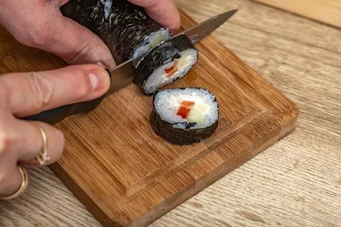 Basic sushi ingredients short-grain rice, rice vinegar, nori seaweed, and f.. Stock Photos