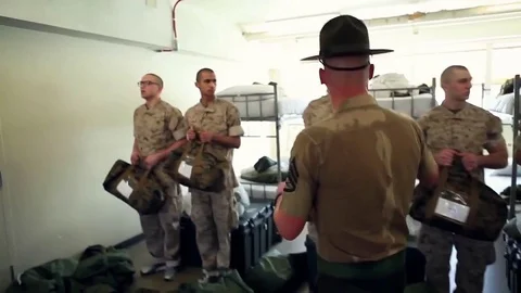 Basic training with an angry sergeant at Marine boot camp. Stock Footage 74796799