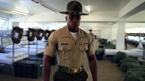 Basic training with an angry sergeant at Marine boot camp. Stock Footage 74798864