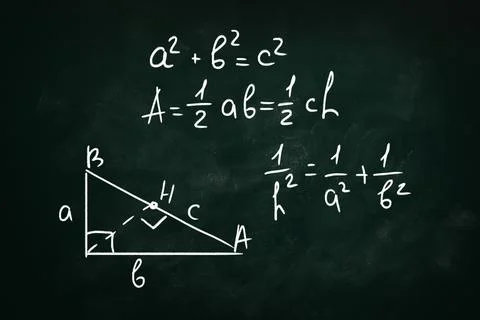 Basic triangle area formulas and Pythagorean theorem written on chalkboard Stock Illustration