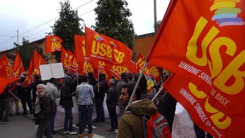 Basic union flags waving at march against "Security Decree".Rome,november9 2019  스톡 동영상 119817602