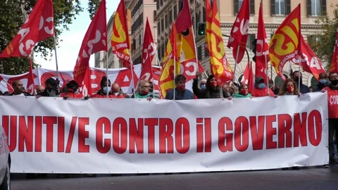 Basic union flags waving at march against the government. Rome, October 8 2021 Video stock 162898511