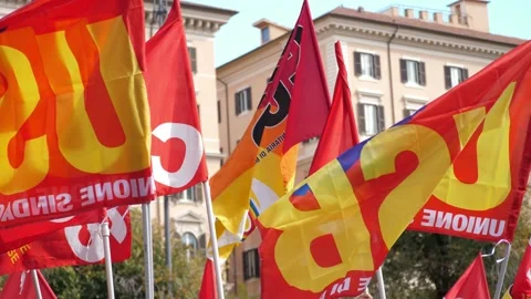 Basic union flags waving at march against the government. Rome, October 8 2021 Video stock 162898765