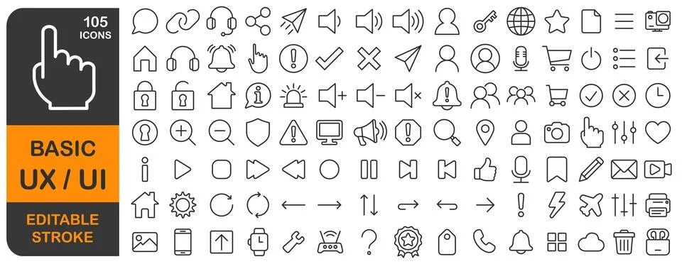 Basic UX UI editable stroke line icons set. Thin line User interface web icon Stock Illustration