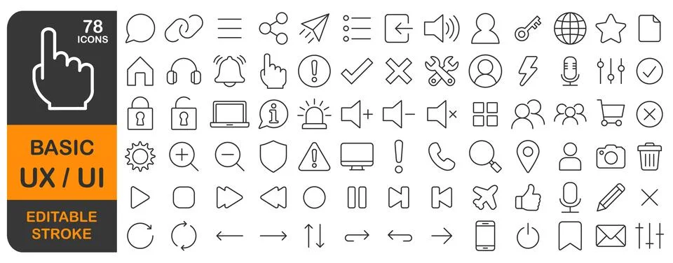 Basic UX UI editable stroke line icons set. Thin line User interface web icon Stock Illustration