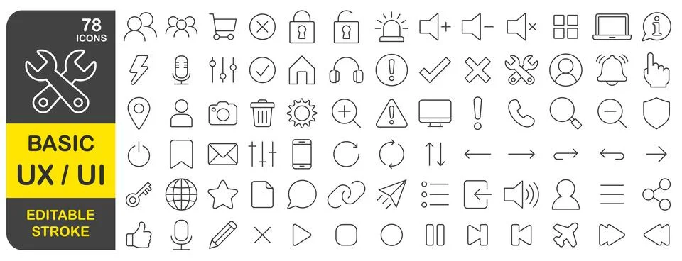 Basic UX UI editable stroke line icons set. Thin line User interface web icon Stock Illustration