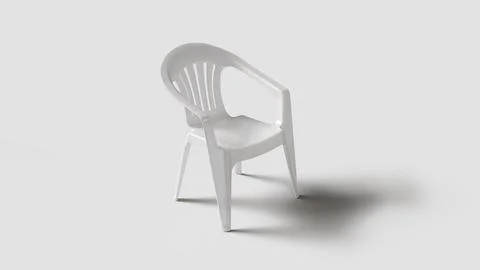 Basic white plastic chair in white setting, left view Stock Illustration