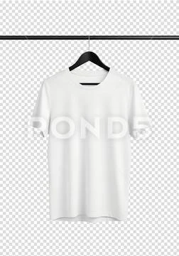Basic white t-shirt hanging on plastic hanger, front view PSD 템플릿