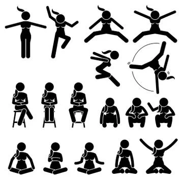Basic Woman Jump and Sit Actions and Positions. Stock Illustration