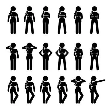 Basic Woman Standing Postures and Poses. Stock Illustration