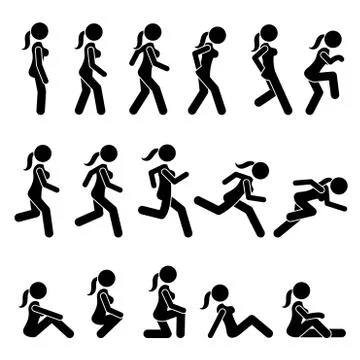 Basic Woman Walk and Run Actions and Movements. Stock Illustration