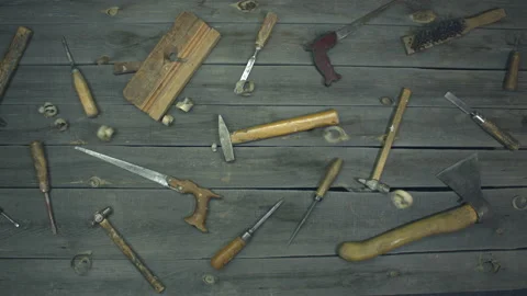 Basic wood processing tools. Slow motion. Top view. 스톡 동영상 121872688