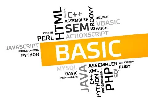 BASIC word cloud, tag cloud, vector graphic - programming concept Illustrazione stock