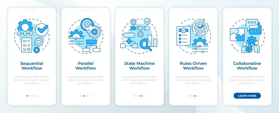 Basic workflow archetypes blue onboarding mobile app screen Stock Illustration