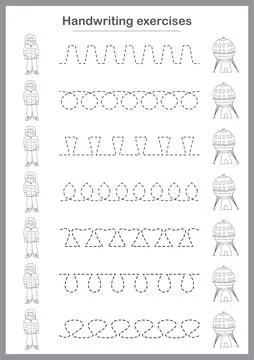 Basic writing exercises. Trace line worksheets for children. Preschool handwr Illustrazione stock