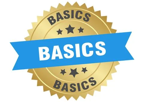 Basics. basics round blue and gold label isolated on transparent background Stock Illustration