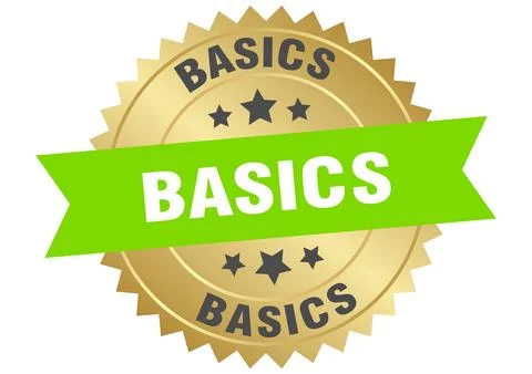 Basics. basics round green and gold label isolated on transparent background Stock Illustration