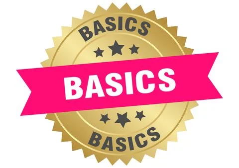 Basics. basics round pink and gold label isolated on transparent background Stock Illustration
