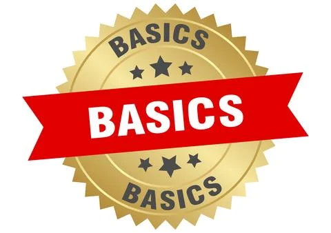 Basics. basics round red and gold label isolated on transparent background Stock Illustration